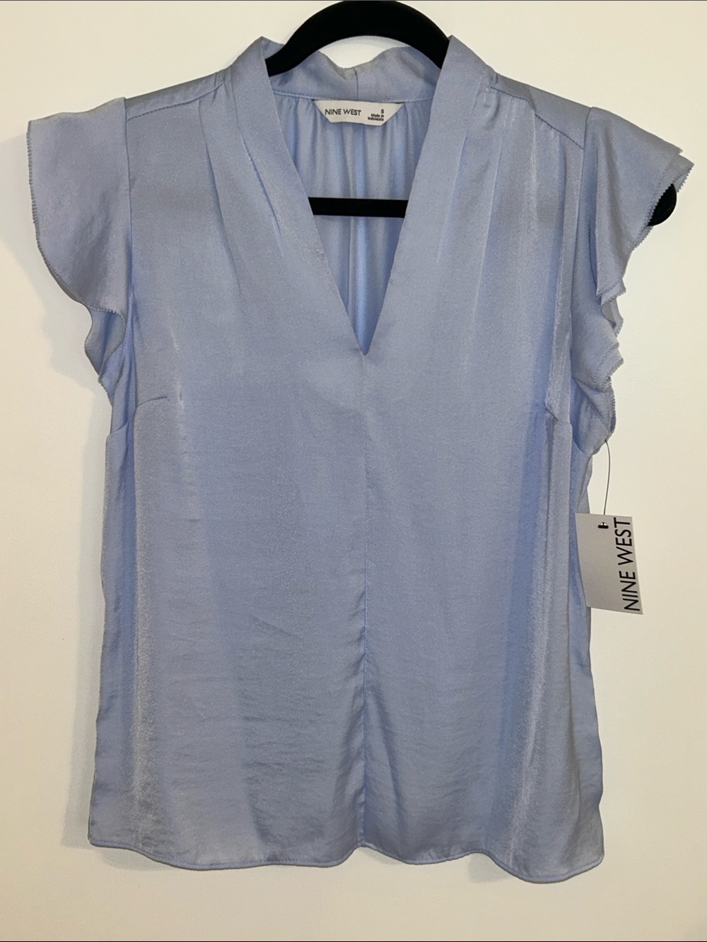 Nine West Light Blue V-Neck Flutter Sleeve Blouse